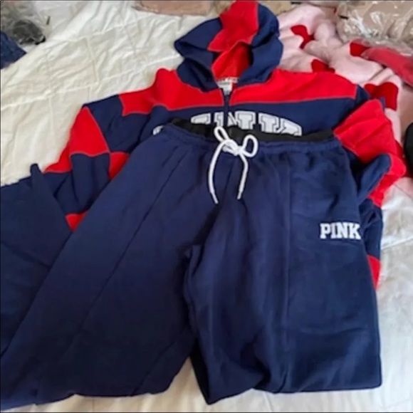 VS PINK BOYFRIEND PANT LOGO WAISTBAND SZ SM NAVY FULL ZIP SWEATSHIRT SZ M RED - Picture 7 of 14